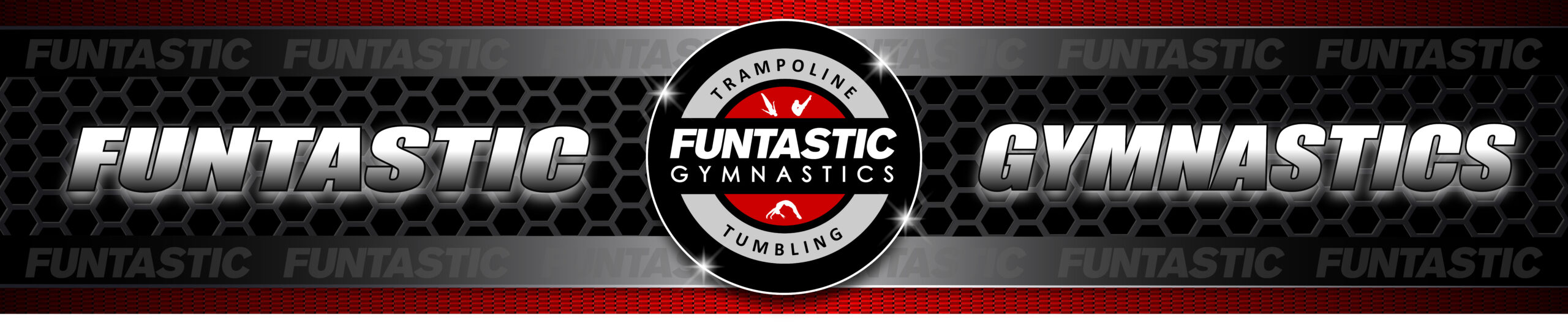 A red and black logo for funtastic gymnastics.